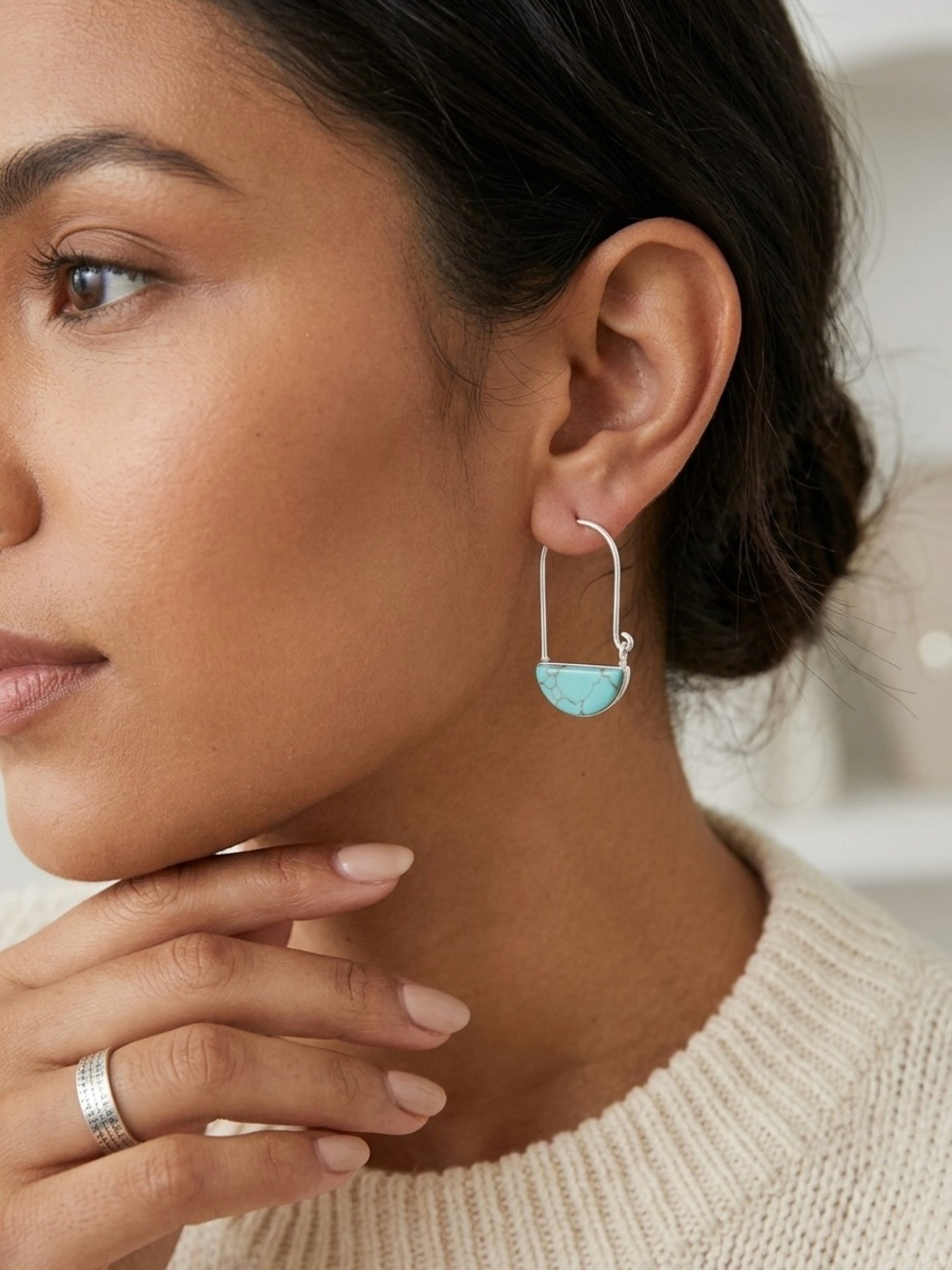 44: Silver Hoop Earrings with Turquoise Half-Moon Stone